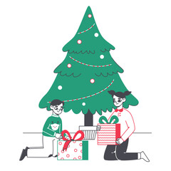 Kids with Christmas gifts. Children under xmas tree unpacking Christmas presents, winter holidays gifts flat vector illustration. Happy kids with presents