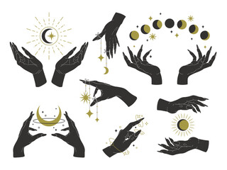 Magic witch hands set. Mystical female hand palms holding moon and stars, hand drawn trendy boho esoteric design. Flat vector illustration collection