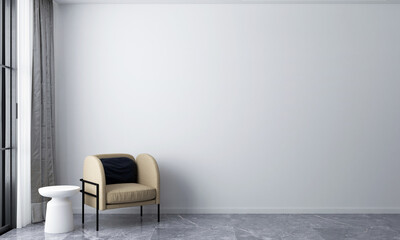 Minimal yellow chairs and living room and white pattern wall texture background interior design, mock up room, furniture decor, empty canvas frame, 3d rendering.