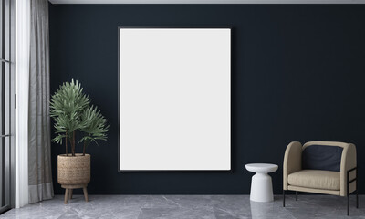 Modern living room and canvas frame and and blue pattern wall texture background interior design, mock up room, furniture decor, empty canvas frame, 3d rendering.