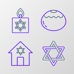Set line Star of David, Jewish synagogue, sweet bakery and Burning candle icon. Vector