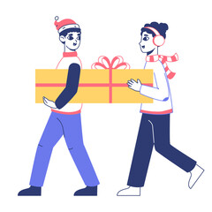People with Christmas gifts. Couple carrying xmas gift box, winter holidays gifts flat vector illustration. Happy people with presents