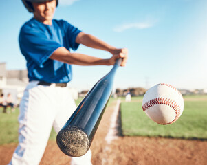 Baseball, hit and person on field for training, sports or fitness competition outdoor. Closeup of...