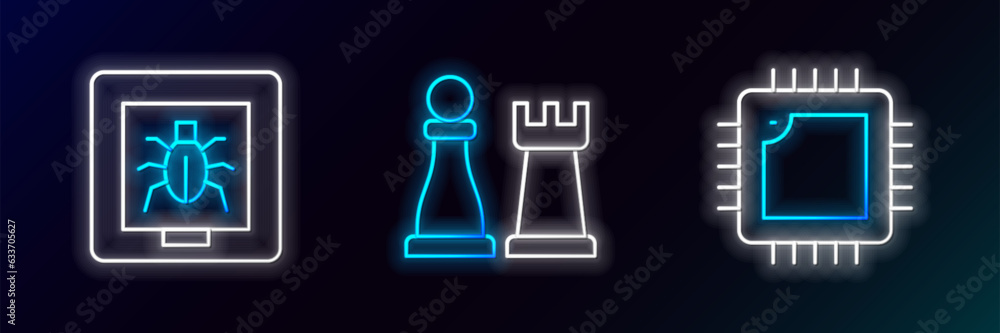 Poster set line processor with cpu, insects in a frame and chess icon. glowing neon. vector