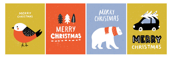 Colorful scandinavian christmas cards, red robin bird, cute polar bear wearing scarf, hand drawn Christmas trees and spruce delivery on car roof. Simple and bold colorful seasonal greetings, vector - 633705693