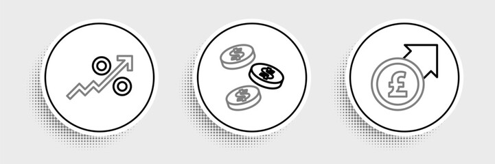 Set line Financial growth and pound, Percent up arrow and Coin money with dollar icon. Vector