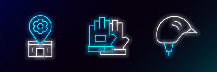Set line Bicycle helmet, repair service and Gloves icon. Glowing neon. Vector