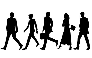Vector silhouettes of  men and a women, a group of running   business people, profile, black  color isolated on white background