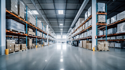 Huge Distribution Warehouse with high shelves. Logistics Depot. Ai generative.