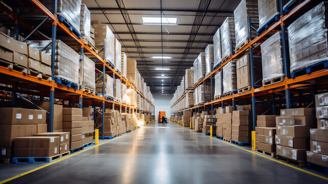 Huge Distribution Warehouse with high shelves. Logistics Depot. Ai generative.