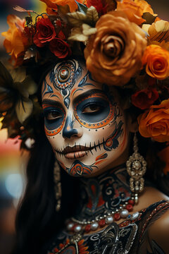 Portrait of woman with traditional la muerte makeup . Mexican festival Dia de los Muertos. Halloween