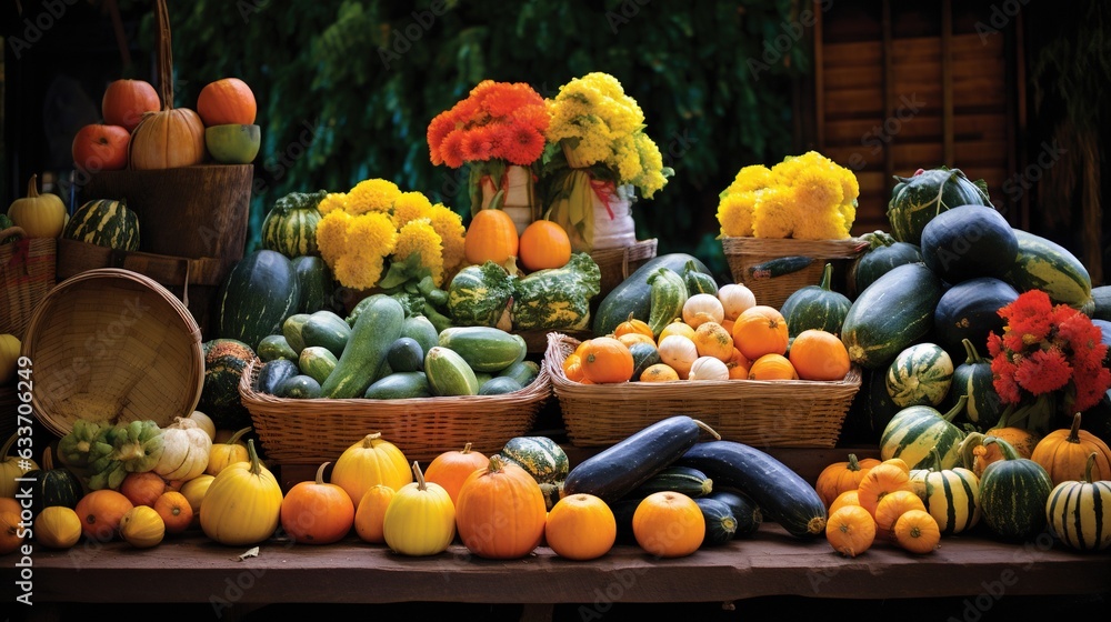 Poster a table topped with lots of different types of fruits and vegetables. generative ai