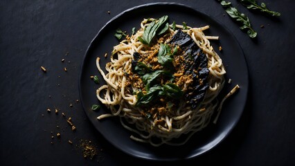 A steaming plate of savory noodles, topped with a variety of herbs and spices.
