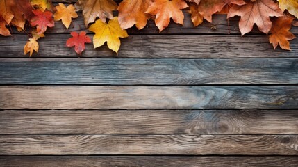 Naklejka na ściany i meble Autumn Leaves Scattered on Wooden Planks Background