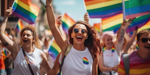 LGBTQ+ Women Celebrating at a Pride Parade with Rainbow Flags