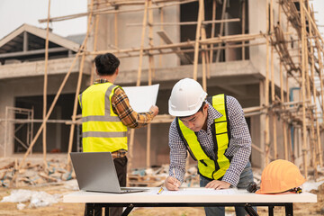 Architects and engineers working together sketching building plans and discussing at construction site wearing uniforms and helmets standing on construction site about large industrial architecture.