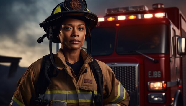 Black Female Firefighter Standing Proudly In Front Of A Fire Engine