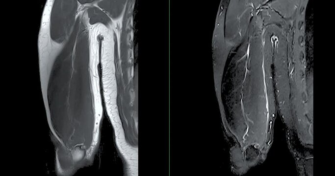 MRI Left humerus bone  for diagnosis bone tumor.