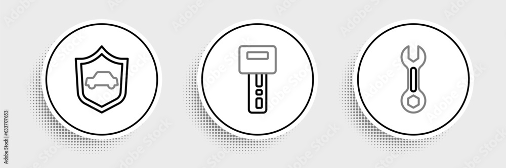 Poster set line wrench spanner, car with shield and key remote icon. vector