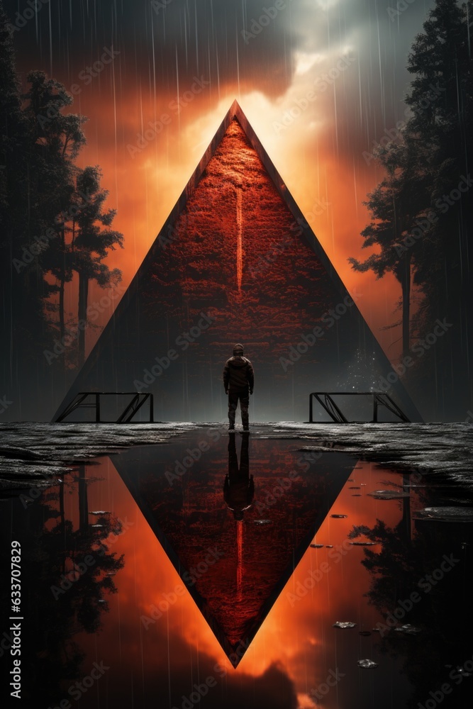 Poster a man standing in front of a pyramid with rain. generative ai image.