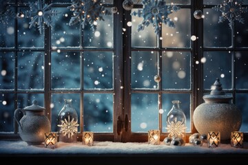 window sill Christmas decorated with strings of twinkling lights and hanging snowflake ornaments