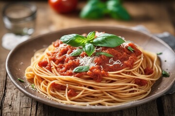 spaghetti bolognese with basil leaves