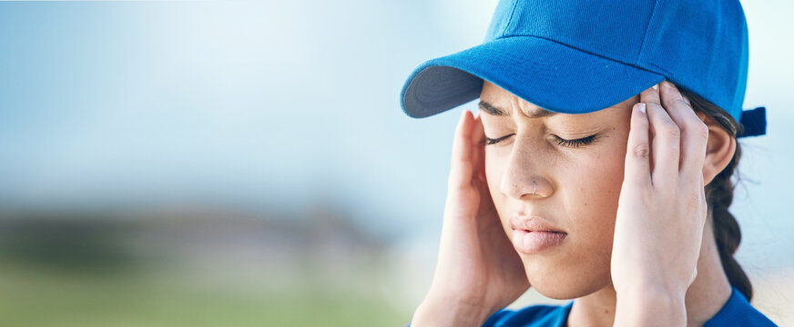 Baseball Burnout, Banner And A Woman With A Headache From Sports Fail, Mistake Or Training. Anxiety, Mockup Space And An Athlete With Pain Or A Migraine From A Softball Contest, Competition Or Loss