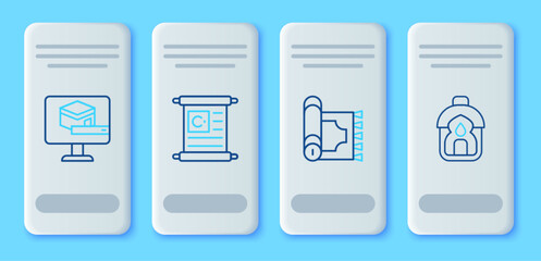 Set line Holy book of Koran, Traditional carpet, Kaaba mosque and Ramadan Kareem lantern icon. Vector