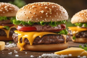 tasty cheeseburger and beef on wooden background