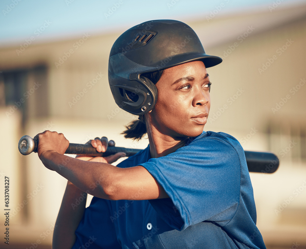 Poster Sports, baseball player or black woman with a bat, fitness or game with power strike, hit or swing. Person, health or athlete in club competition, practice match or softball with training or exercise