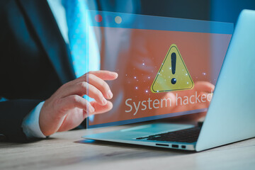 System hacked alert after cyber attack on computer network. compromised information concept....