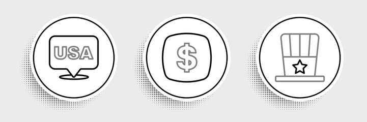Set line Patriotic American top hat, USA Independence day and Dollar symbol icon. Vector