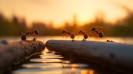 Team of ants  at sunset