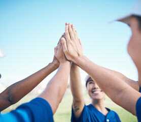 Sports hands, high five celebration and baseball team building for motivation, match winner or competition support. Player achievement, success and group of people congratulations, goals and teamwork