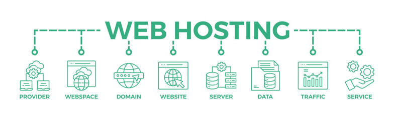 Web hosting banner web icon vector illustration concept with icon of provider, webspace, domain, website, server, data, traffic and service