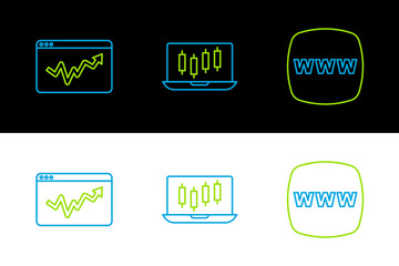 Set line Website template, Graph chart infographic and Stocks market growth graphs icon. Vector