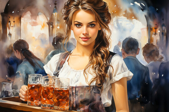 Portrait of beautiful young waitress with beer glasses in bar.