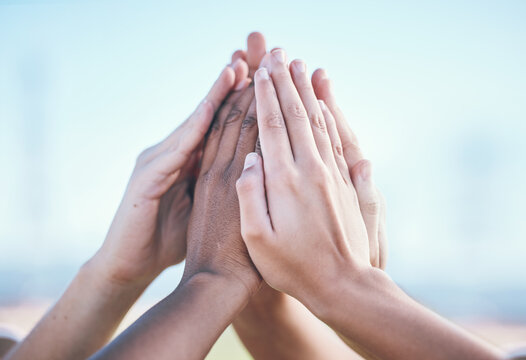 Teamwork, Hands And High Five By People For Sports, Support And Training Goals Outdoor. Fitness, Match And Friends Fingers Together For Solidarity, Motivation And Partnership Or Target Commitment