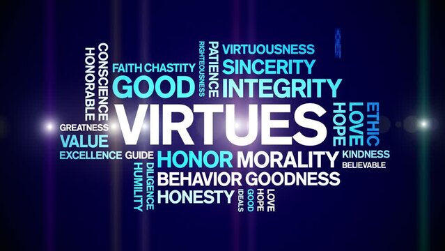 Virtues animated tag word cloud;text design animation kinetic typography seamless loop.