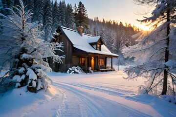 In the heart of a winter wonderland, a charming house stands amidst the embrace of an ancient fores