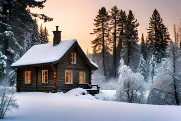 In the heart of a winter wonderland, a charming house stands amidst the embrace of an ancient fores