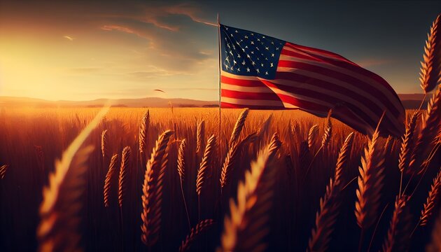A sunlit wheat field with an American flag flying in the sky independence day concept generative ai