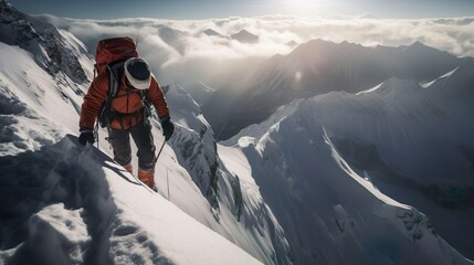 Male mountaineer climber alpinist climbing over snow. Mountaineering extreme sport mountain climbing. - obrazy, fototapety, plakaty
