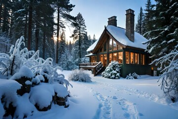 In the heart of a winter wonderland, a charming house stands amidst the embrace of an ancient fores