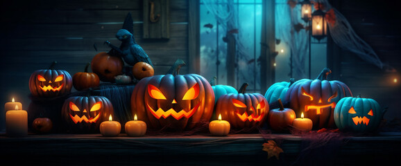 horror pumpkin grave blue evil background table night mystery halloween fear. Generative AI.