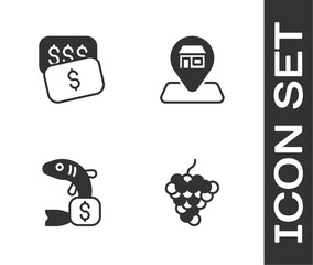 Set Grape fruit, New price tag dollar, Price for fish and Location Market store icon. Vector