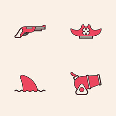 Set Cannon, Vintage pistol, Pirate hat and Shark fin ocean wave icon. Vector