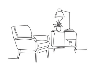 Continuous line interior with armchair, plant, lamp. Living room with modern furniture. Vector illustration