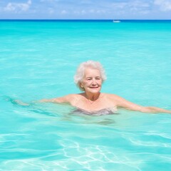 Healthy senior woman swimming in crystal clear water the sea Summer lifestyle. generated AI