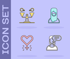 Set Female opinion, Gender equality, Feminism and Muslim woman hijab icon. Vector